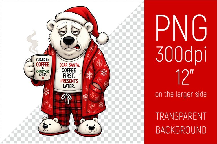 Funny Morning Coffee White Bear in Santa Hat example image 1