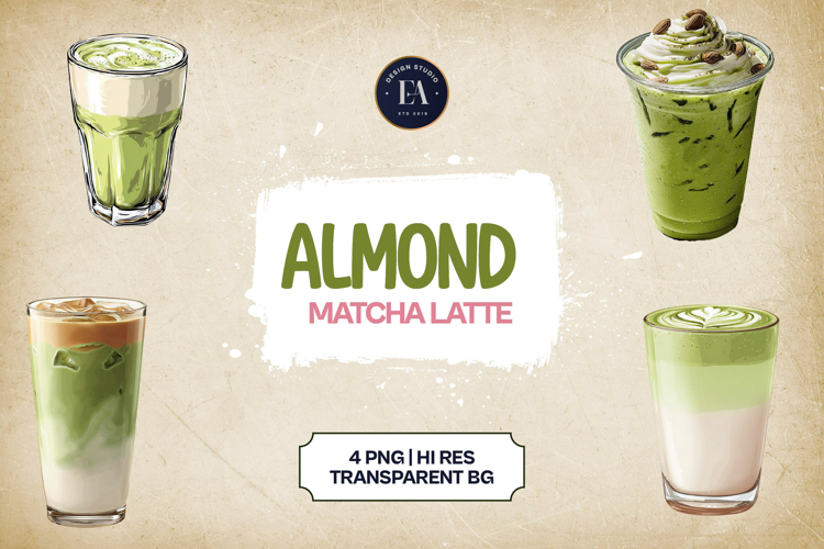 Almond Matcha Latte Clipart Bundle 4 PNG