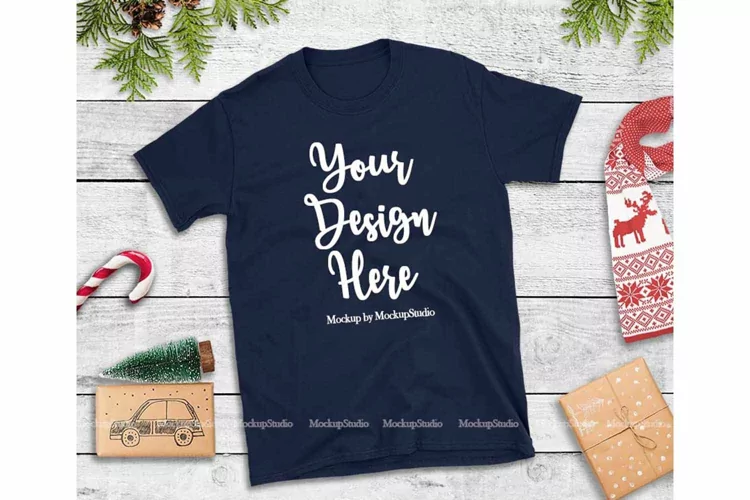 Navy Christmas Tshirt Mockup Holiday Unisex Tee Flat Lay