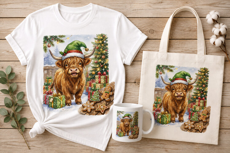 Highland Cow Wearing Elf Hat Christmas Gifts Cookies Art example image 1
