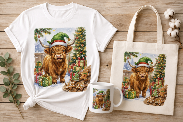 Highland Cow Wearing Elf Hat Christmas Gifts Cookies Art