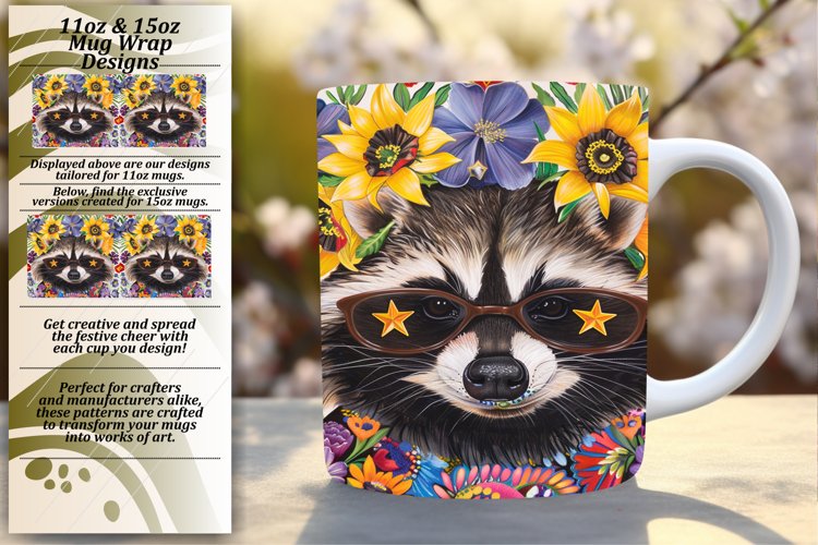 Raccoon   Flower Pattern Mug Wrap Sublimation