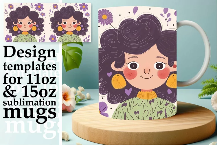 Artistic Flower Mug Wrap with Woman Portrait 11oz/15oz