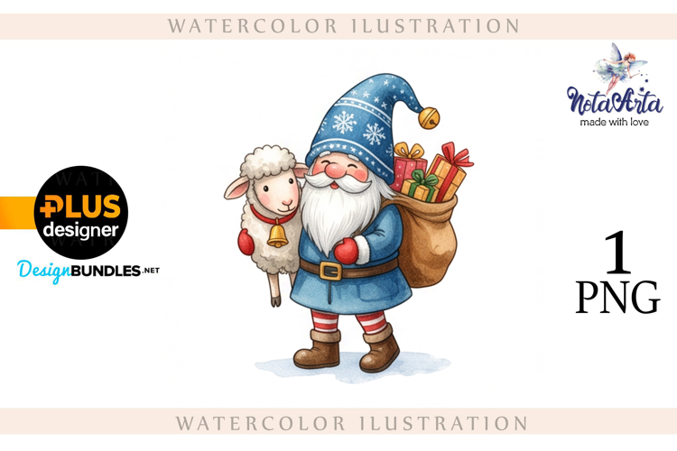 Christmas Gnome Santa with a Sheep in Watercolor Style