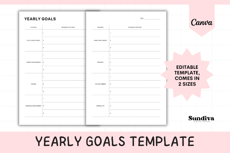 Yearly Goals Printable   Editable Template 3