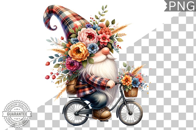Floral Crown Gnome Rides A Bike Sublimation Clipart Design