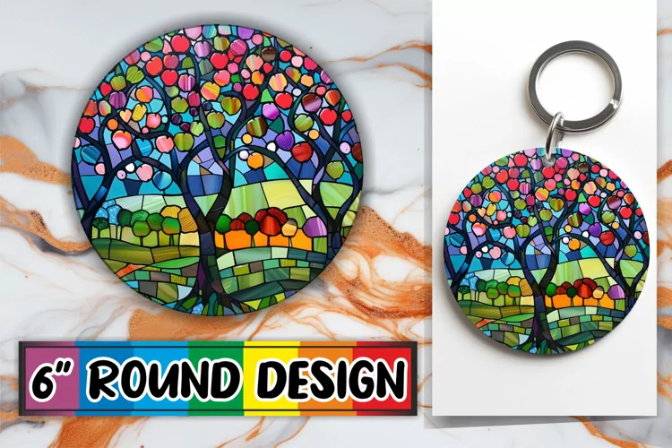 Stained Glass Tree Round Design Colorful Art