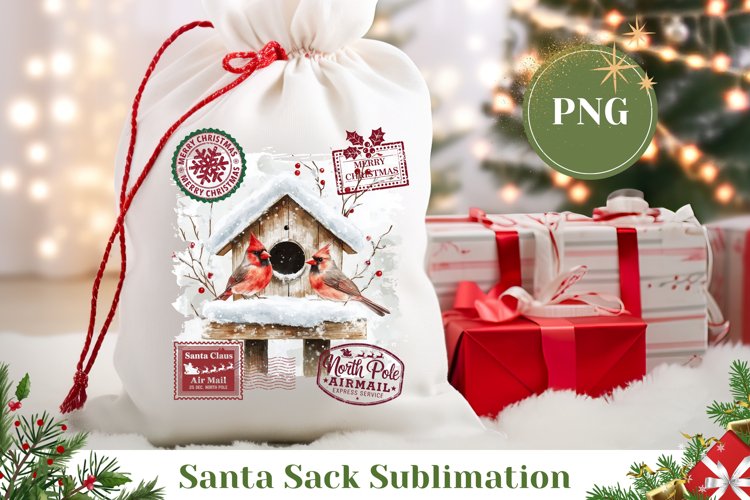 Watercolor Christmas Birds Santa Sack, Christmas Gift Bag