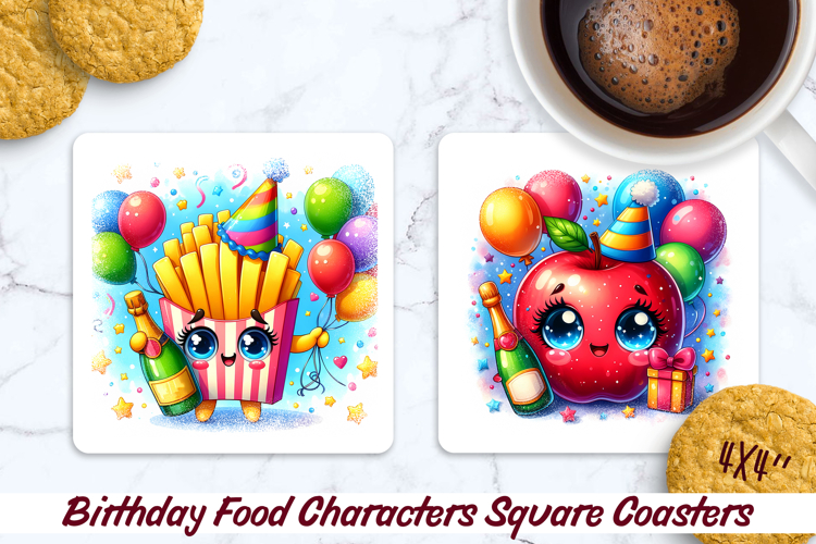 Birthday Food Square Coaster PNG 4x4, Sublimation Design.