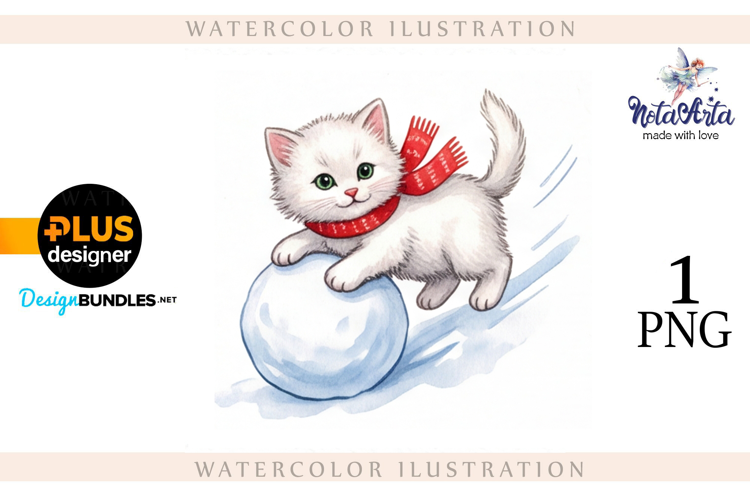 Christmas Kitten in Watercolor Style