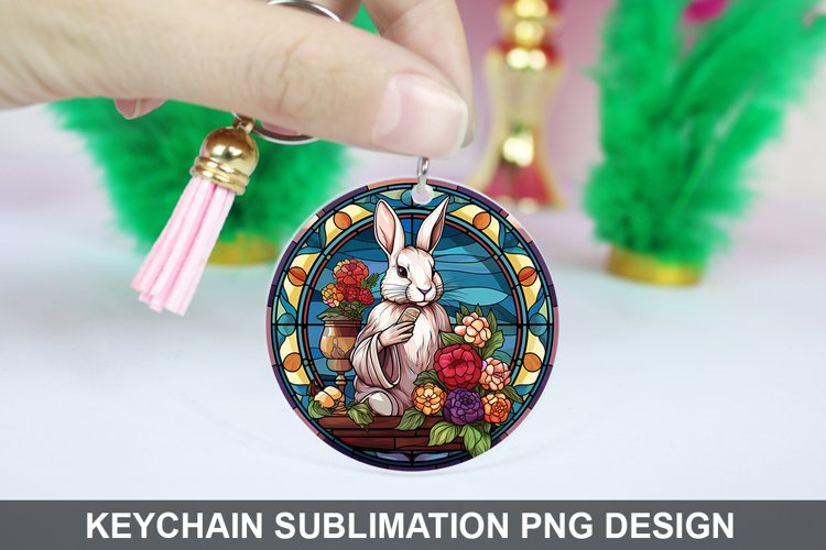 Bunny Round Keychain, Bunny Flowers Keychain Design