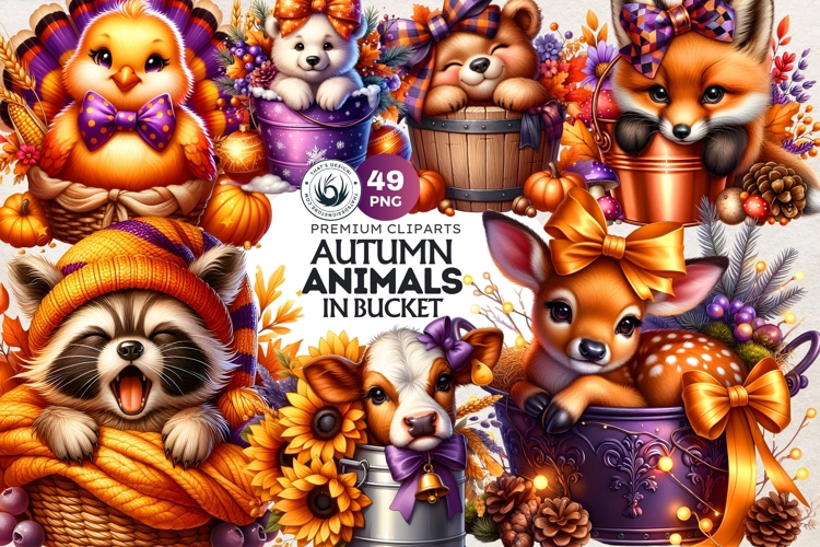 Autumn Cute animals in a bucket clipart Pumpkin thanksgiving