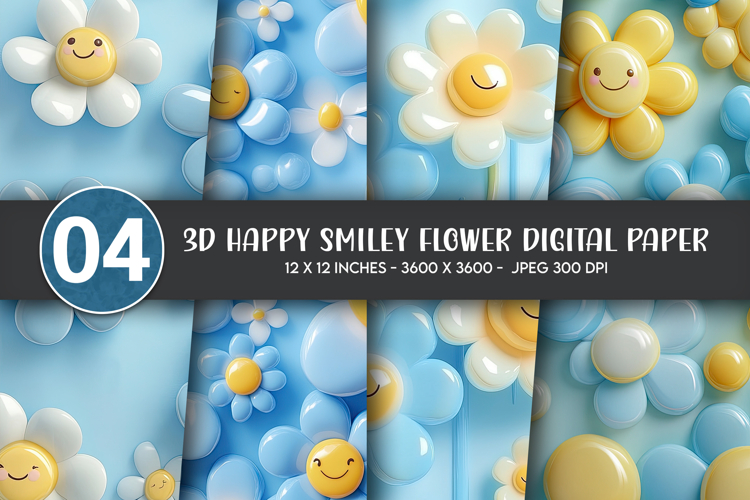 3D Happy Smiley Flower Digital Paper example image 1