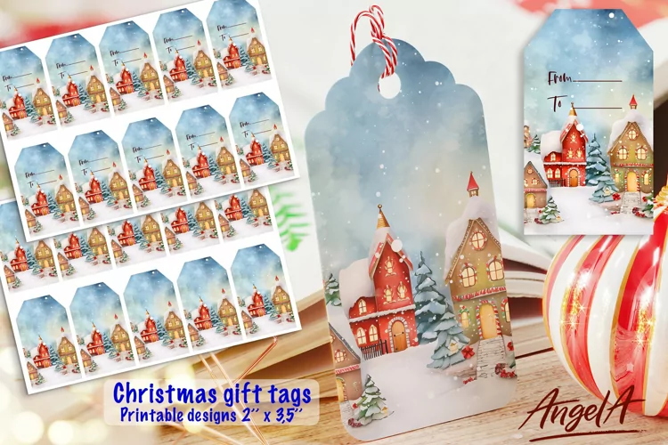 Christmas printable gift tag, winter village house PNG