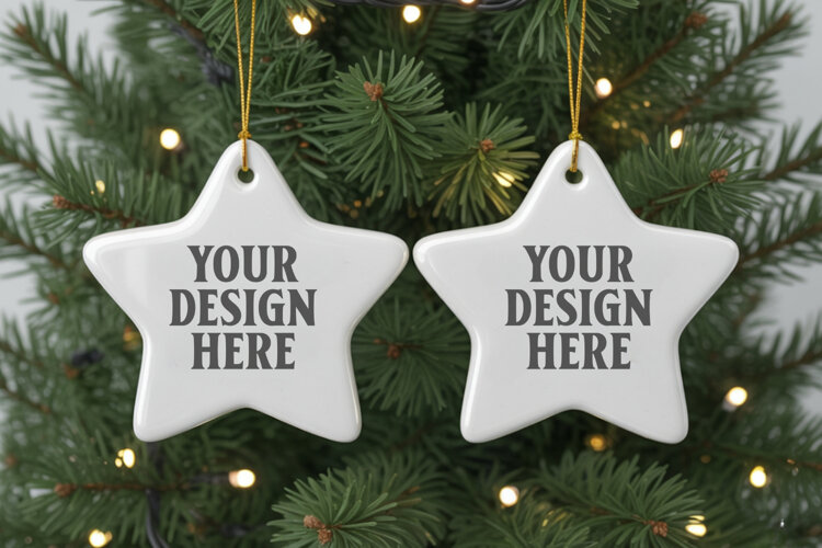 Christmas Star Ceramic Ornament Mockup | Cozy Boho Holiday D example image 1