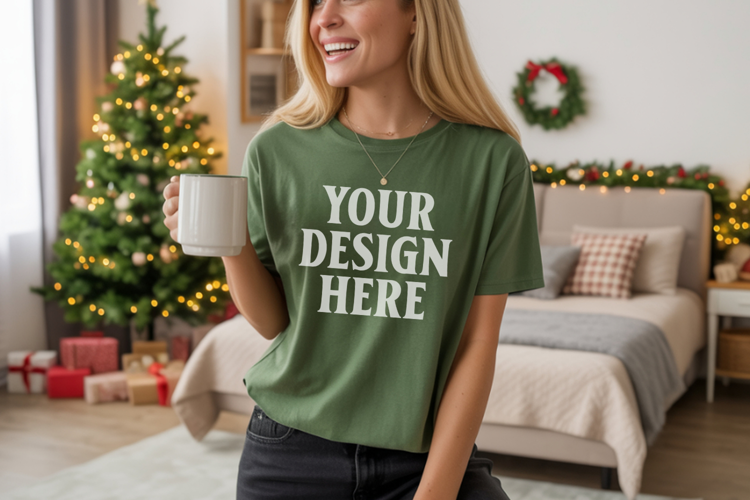 Comfort Colors 1717 Light Green Christmas T-Shirt Mockup, Bo