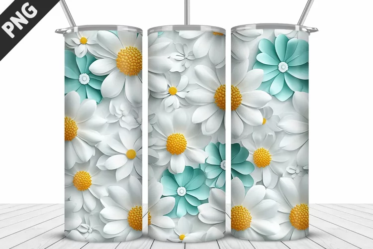 3D White Flowers Tumbler Wrap | Sublimation Design | Tumbler
