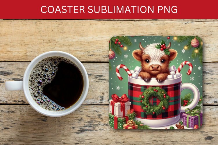 square coaster - highland cow in the mug example image 1