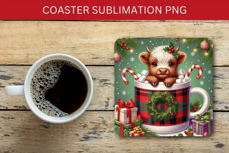 square coaster - highland cow in the mug