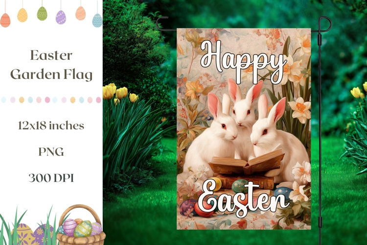 Floral Easter Garden Flag Design, Vintage Bunny Garden Flag