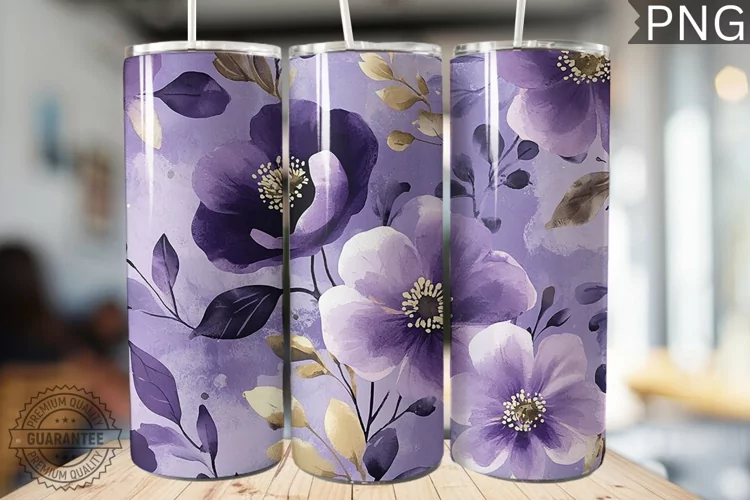 Purple Floral Tumbler Wrap - High Quality 300 Dpi