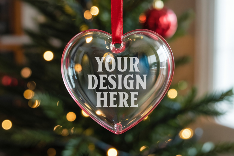 Christmas Heart Crystal Glass Ornament Mockup | Clear Heart