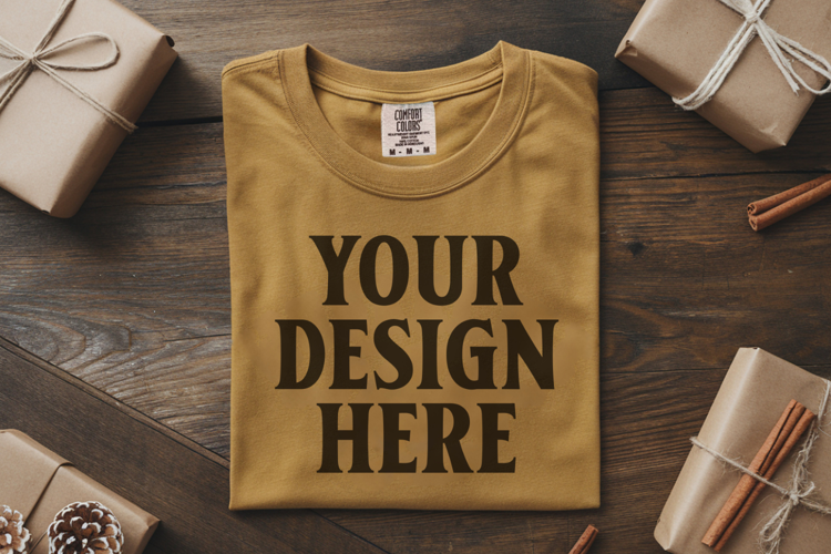 Mustard Comfort Colors 1717 Christmas Folded T-Shirt Mockup