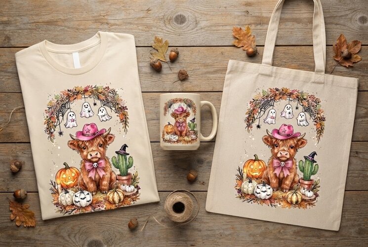 Pink Cowboy Hat Baby Highland Cow Halloween Art example image 1