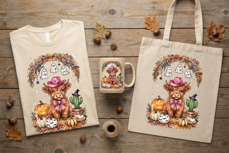 Pink Cowboy Hat Baby Highland Cow Halloween Art