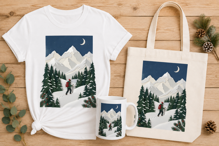 Minimalist Layered Paper-Cut Winter Hiking Mountain Art