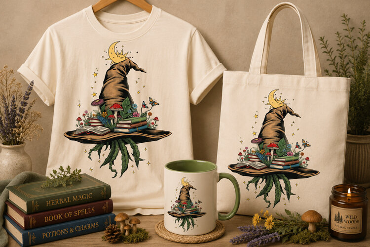 Witch Hat Books PNG | Gothic Mushroom Witchy Halloween Art example image 1