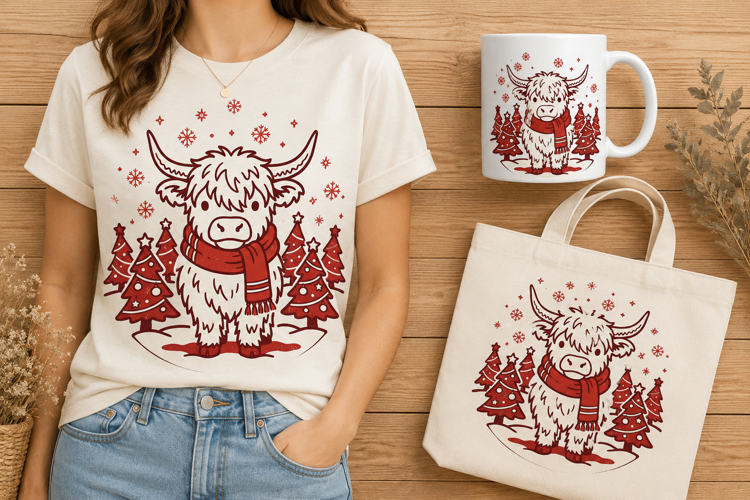 Red and White Highland Cow Christmas Forest Art PNG