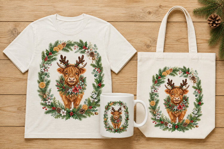 Watercolor Highland Cow Reindeer Wreath Christmas Design example image 1