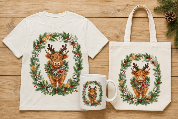 Watercolor Highland Cow Reindeer Wreath Christmas Design
