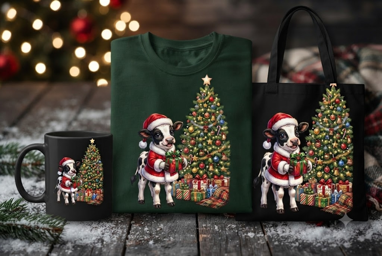 Cute Santa Cow with Christmas Tree PNG | Holiday Sublimation