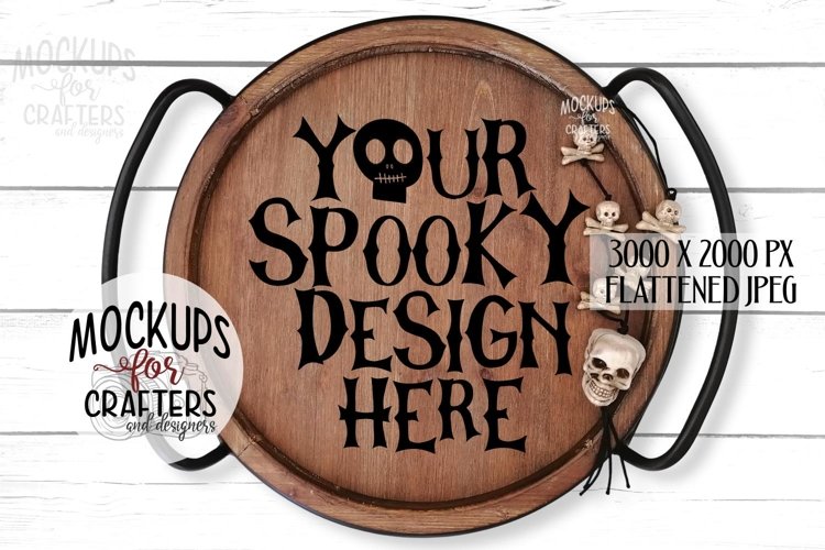 Round Wood Tray, Halloween, Shiplap background, Mock-Up example image 1