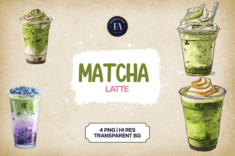 Matcha Latte Clipart Bundle 4 PNG