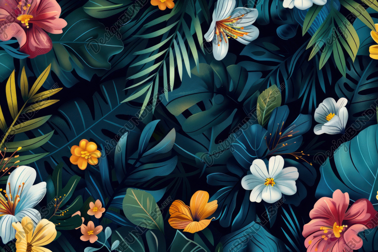 Tropical Leaves and Flowers Background Wallpaper