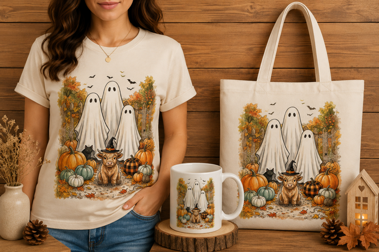 Ghost Trio and Highland Cow Pumpkin Patch Fall Design