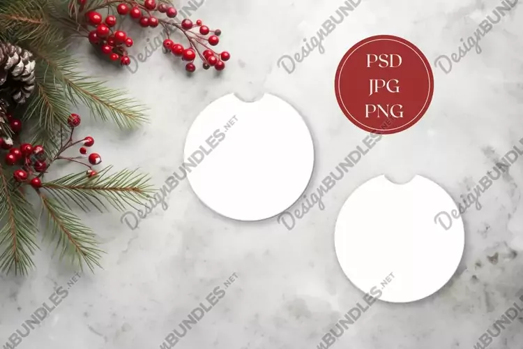Christmas Car Coaster Mock Up Design, Round Coasters Mockup