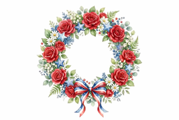 Watercolor patriotic wreath with red roses Memorial Day