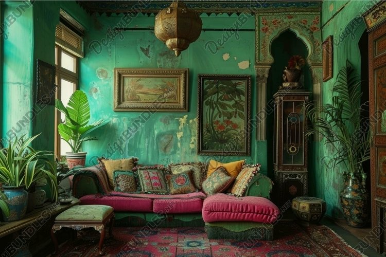 Vintage bohemian living room interior example image 1