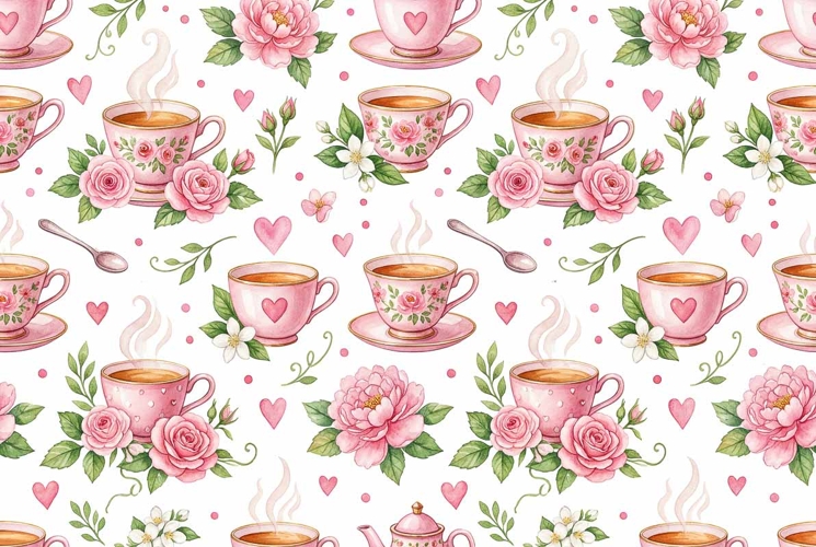 Watercolor teacup and flower seamless pattern