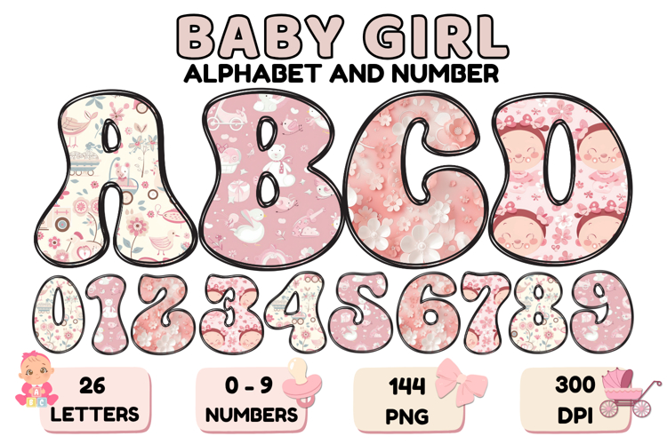 Baby Girl Alphabet PNG Cute Baby Letters & Numbers 300 DPI