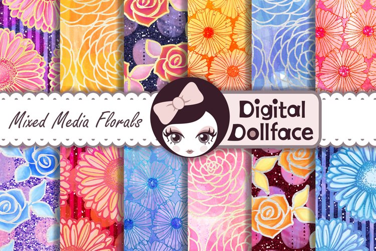 Glitter, Watercolor Florals / Mixed Media Digital Patterns example image 1