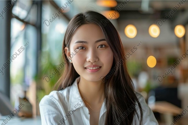 Serene young woman in a modern cafe environment