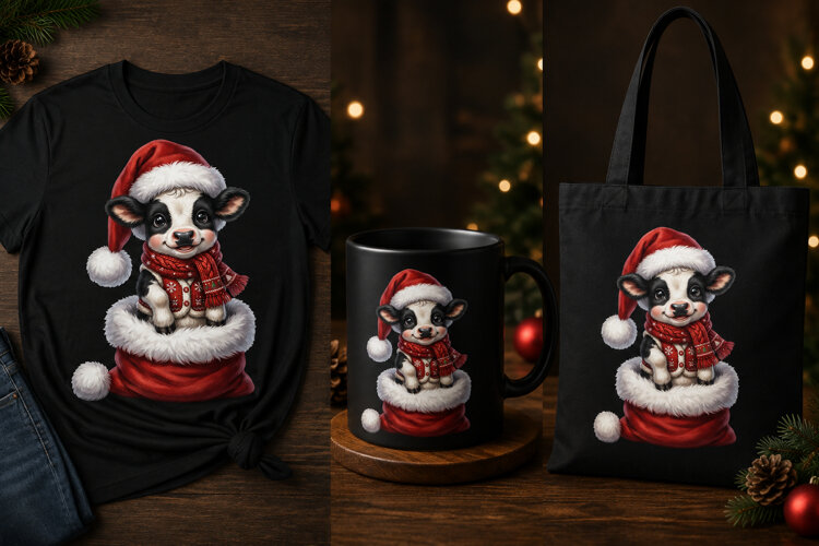 Cute Christmas Cow PNG in Santa Sack Holiday Clipart Design example image 1