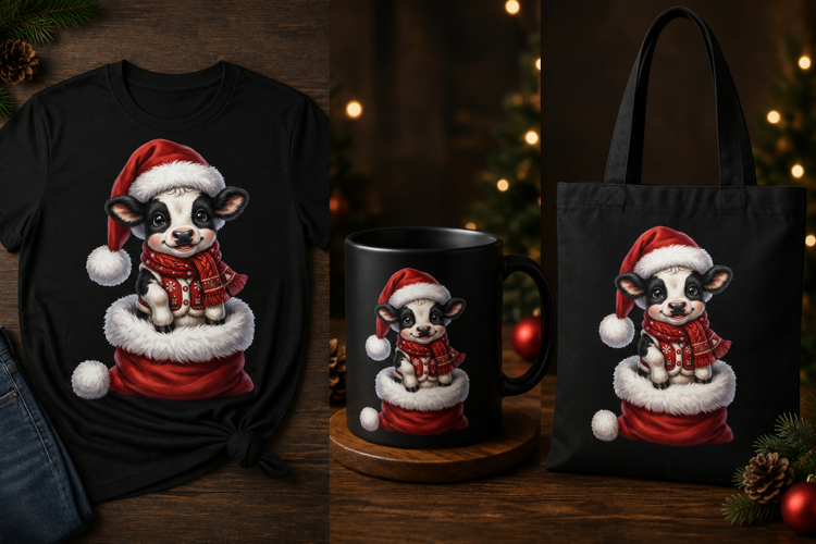 Cute Christmas Cow PNG in Santa Sack Holiday Clipart Design
