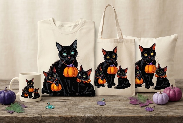 Halloween Black Cat Family PNG | Pumpkin Cat Clipart