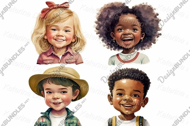 Set of face children. Watercolor kids portraits, boys, girls example image 1